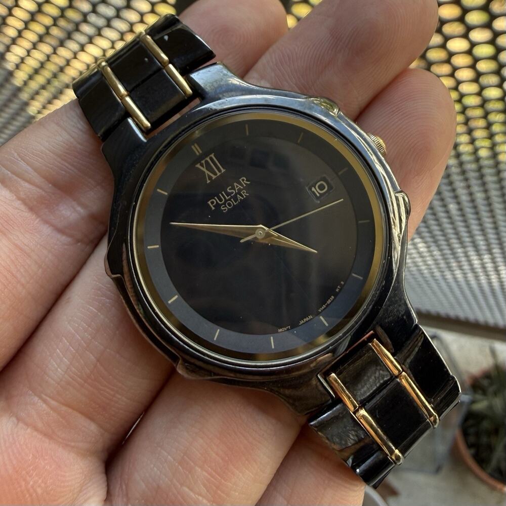 Vintage Pulsar V145-0C00 Solar Black & Gold Tone Watch w/ Date Display Working